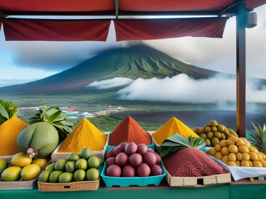 Un mercado bullicioso en Reunión con frutas exóticas, especias aromáticas y mariscos frescos