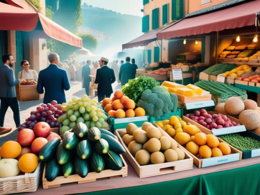 Un mercado bullicioso en la Riviera Francesa con alimentos frescos y coloridos, reflejando la alimentación saludable de la región