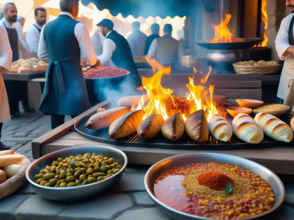 Mercado bullicioso en Francia del siglo XVIII con influencias extranjeras en cocina francesa