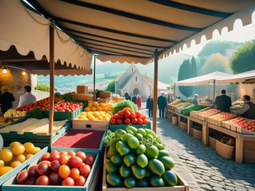 Un mercado bullicioso en el sur de Francia: coloridos tomates, hierbas frescas y quesos artesanales bajo la luz del sol