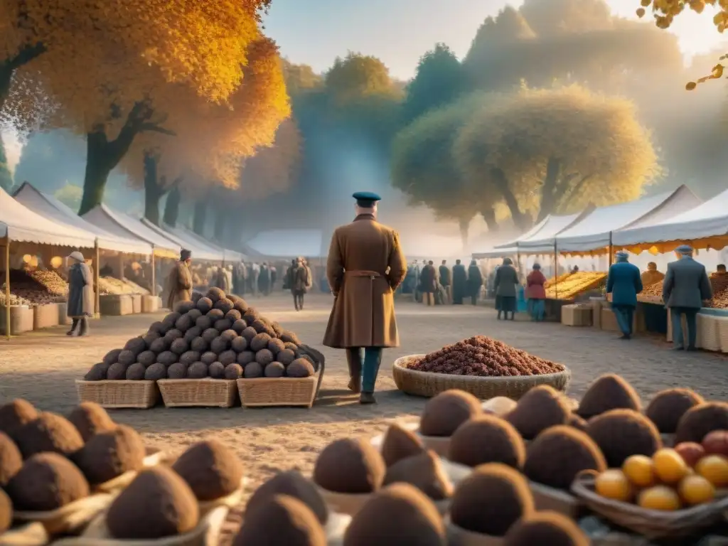 Un mercado bullicioso de trufas en Francia con vendedores y clientes examinando las codiciadas setas bajo la suave luz matutina