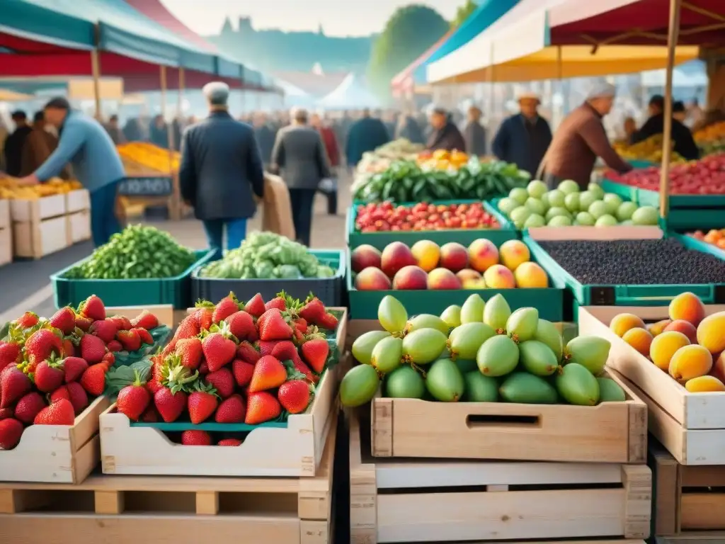 Un mercado bullicioso en el Valle del Loira, Francia, muestra frutas frescas como fresas, duraznos y cerezas bajo el sol matutino