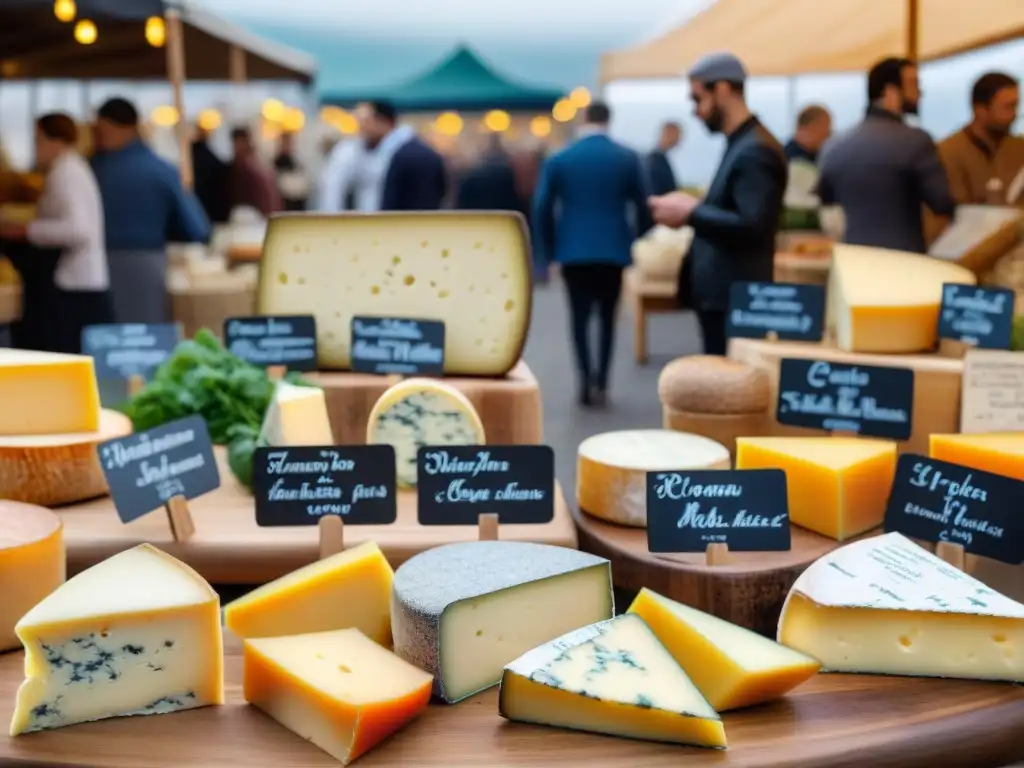 Un mercado bullicioso en Francia con una variedad de quesos franceses veganos en exquisitas tablas de madera