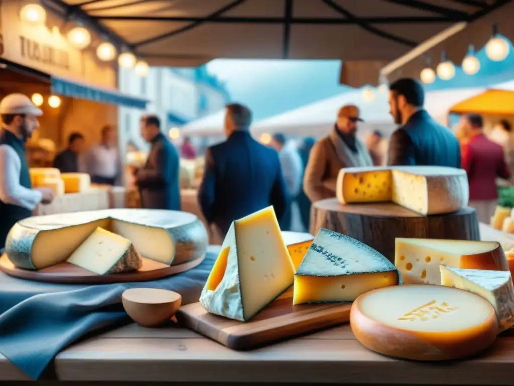 Un mercado bullicioso en Francia muestra una variedad de quesos en tablas de madera