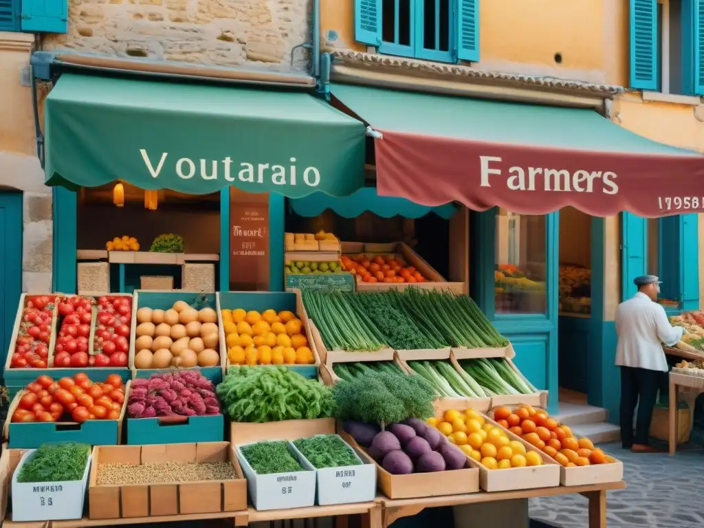 Un mercado bullicioso en Provence, Francia, con vegetales frescos y vendedores locales en trajes tradicionales