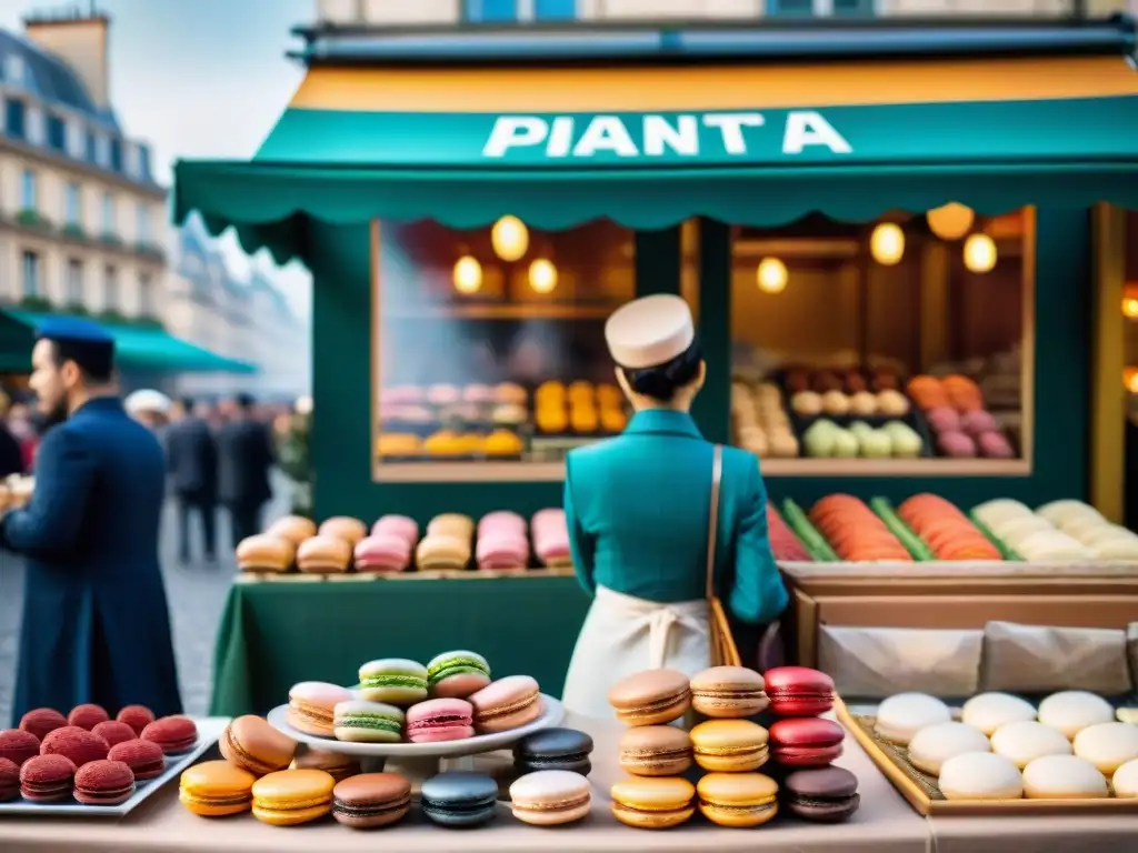 Mercado callejero en París con una armonía gastronómica entre Francia y Asia: macarons, tés y snacks en un ambiente animado y multicultural