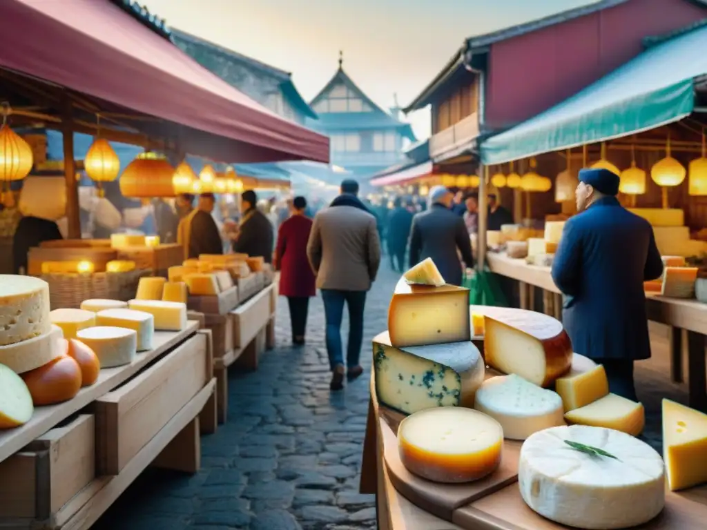 Un mercado callejero asiático bullicioso con puestos de quesos franceses, fusionando culturas culinarias