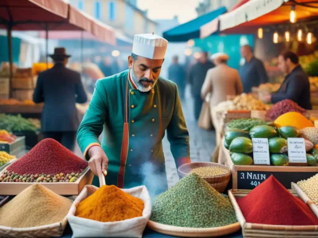 Un mercado callejero francés bullicioso con influencia mundial en la cocina, repleto de especias exóticas y colores vibrantes