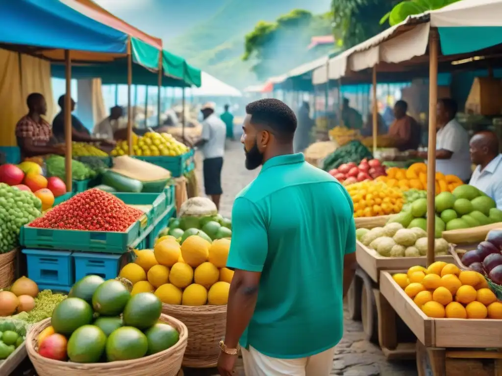 Un mercado callejero bullicioso en Martinica, con frutas tropicales coloridas, especias fragantes y mariscos frescos