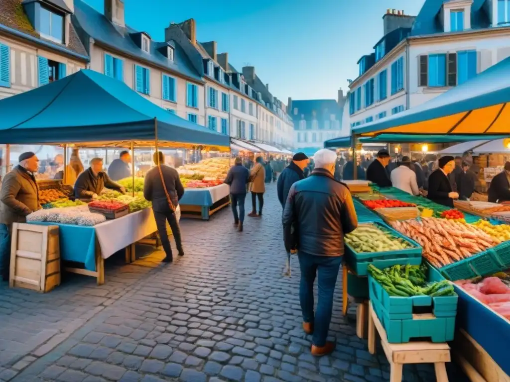 Un mercado callejero bullicioso en Normandía lleno de delicias locales y coloridas