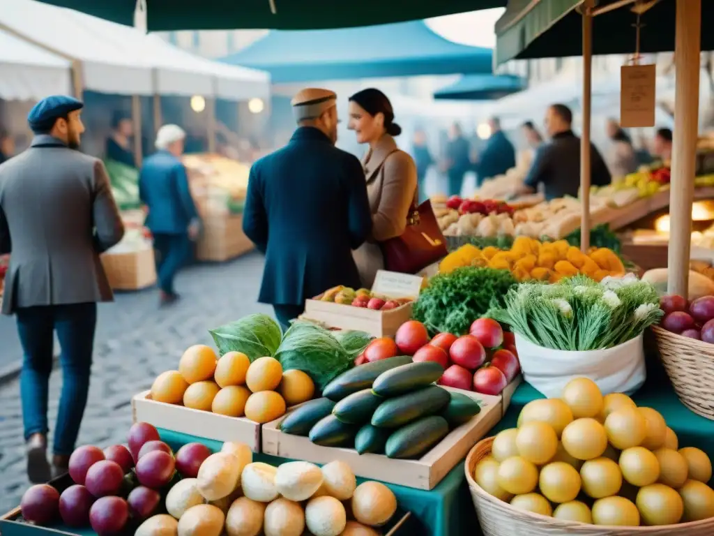 Un mercado callejero bullicioso en París con productos frescos, flores coloridas y quesos artesanales