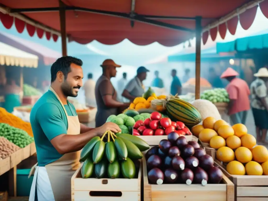 Un mercado callejero bullicioso en Reunión, con puestos de frutas exóticas y especias coloridas, influencia cultural gastronomía francesa