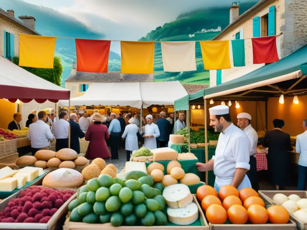 Mercado callejero francés con concursos cocina regional francesa y productos frescos coloridos