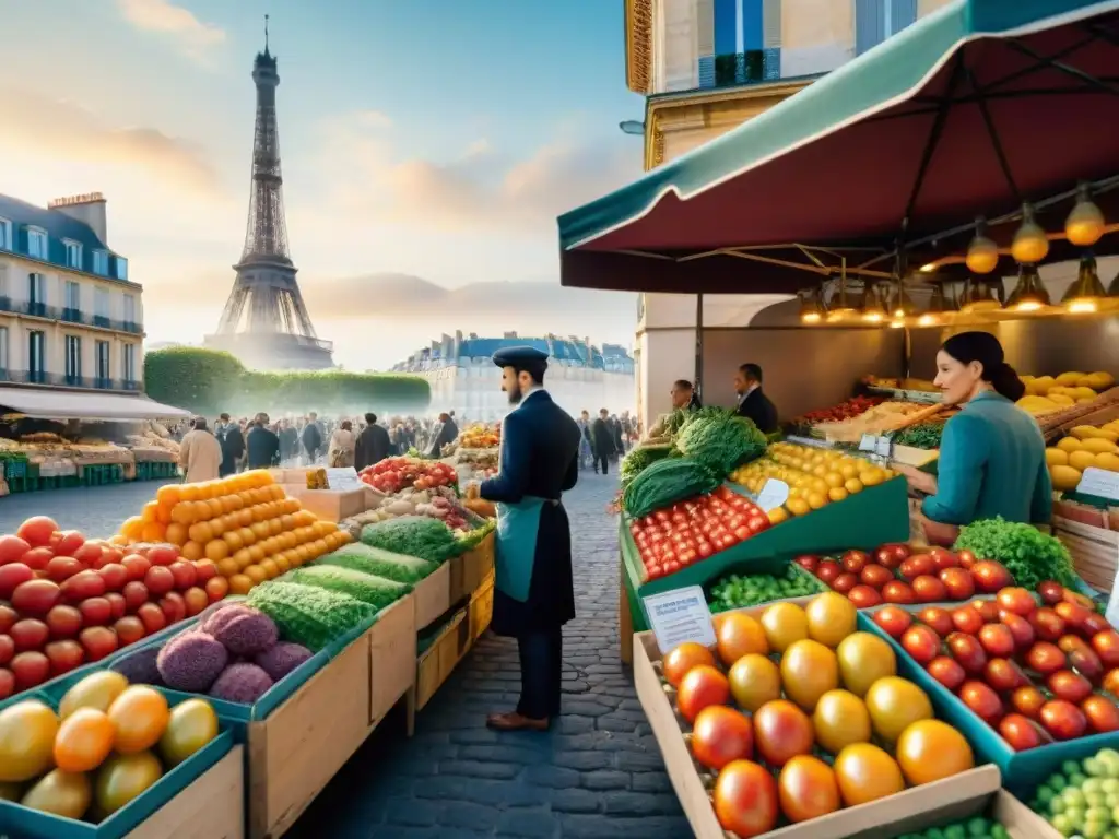 Un mercado callejero en Francia muestra la historia gastronomía francesa influencia cultural con productos frescos y coloridos