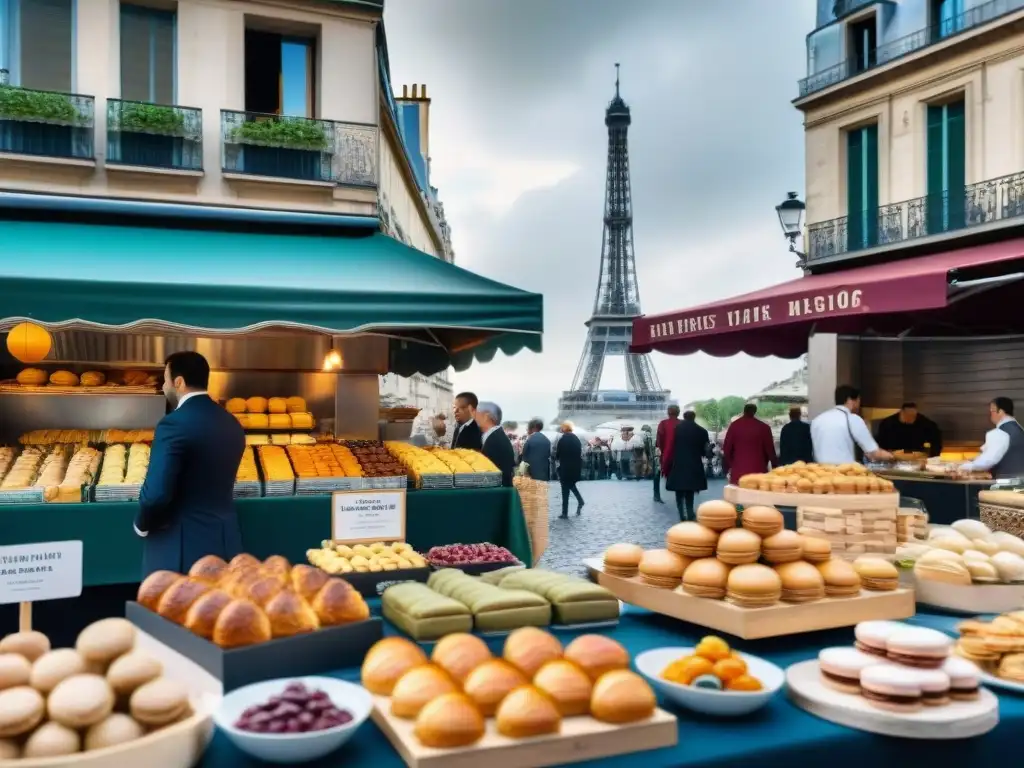 Un mercado callejero parisino bullicioso, mostrando la gastronomía francesa tradicional y moderna