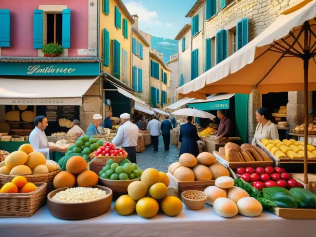 Mercado callejero en Provenza con frutas, verduras y quesos coloridos