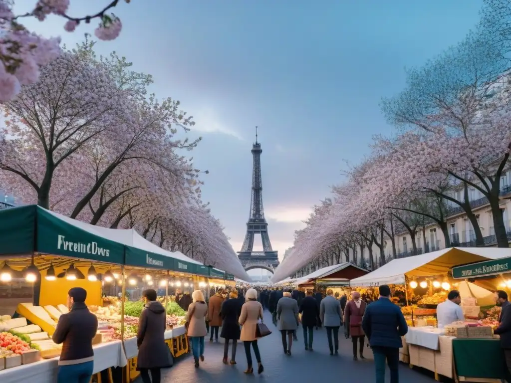 Un mercado callejero en París con puestos coloridos y productos frescos