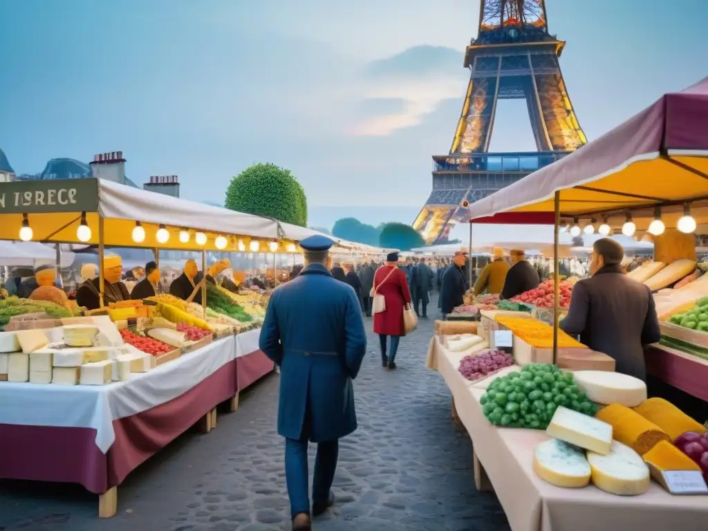 Mercado callejero en Francia con puestos de productos frescos y la Torre Eiffel al fondo, ideal para programas de inmersión culinaria Francia