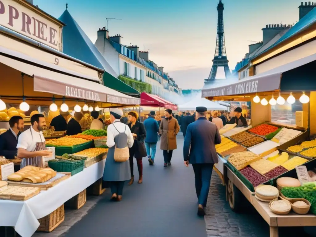 Un mercado callejero en Francia rebosante de vida, con puestos de comida regional y la Torre Eiffel al fondo