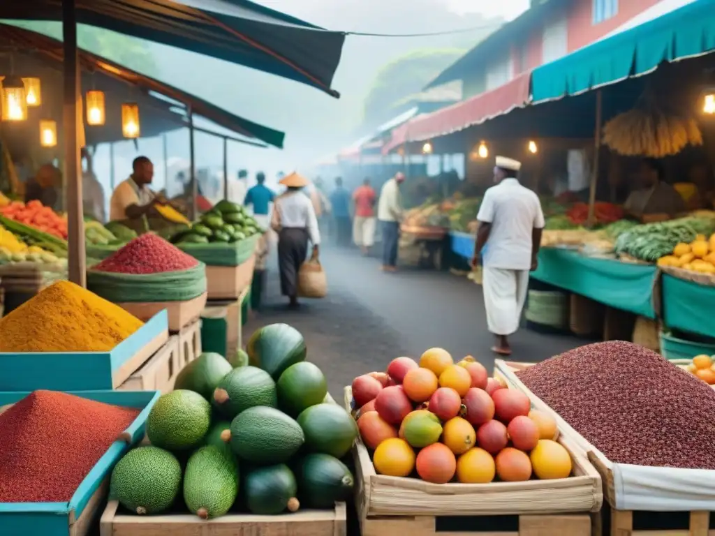 Mercado callejero en Reunión: frutas tropicales, especias coloridas y mariscos frescos