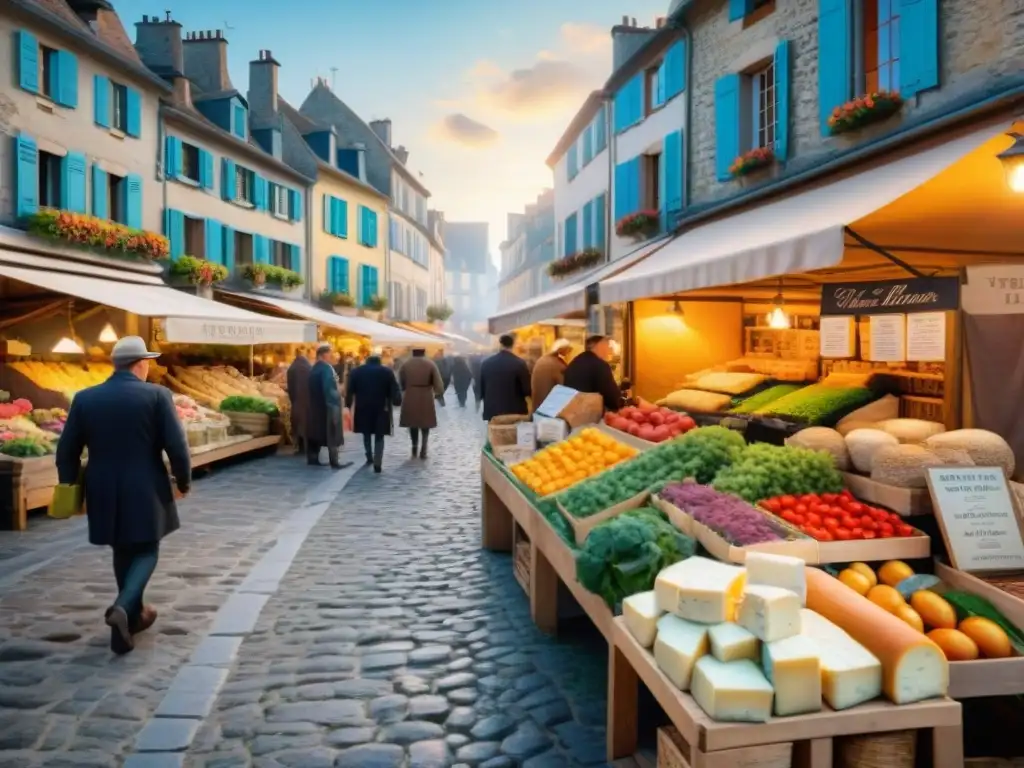 Mercado callejero francés vibrante con productos frescos y locales, reflejando la influencia cultural en la cocina francesa