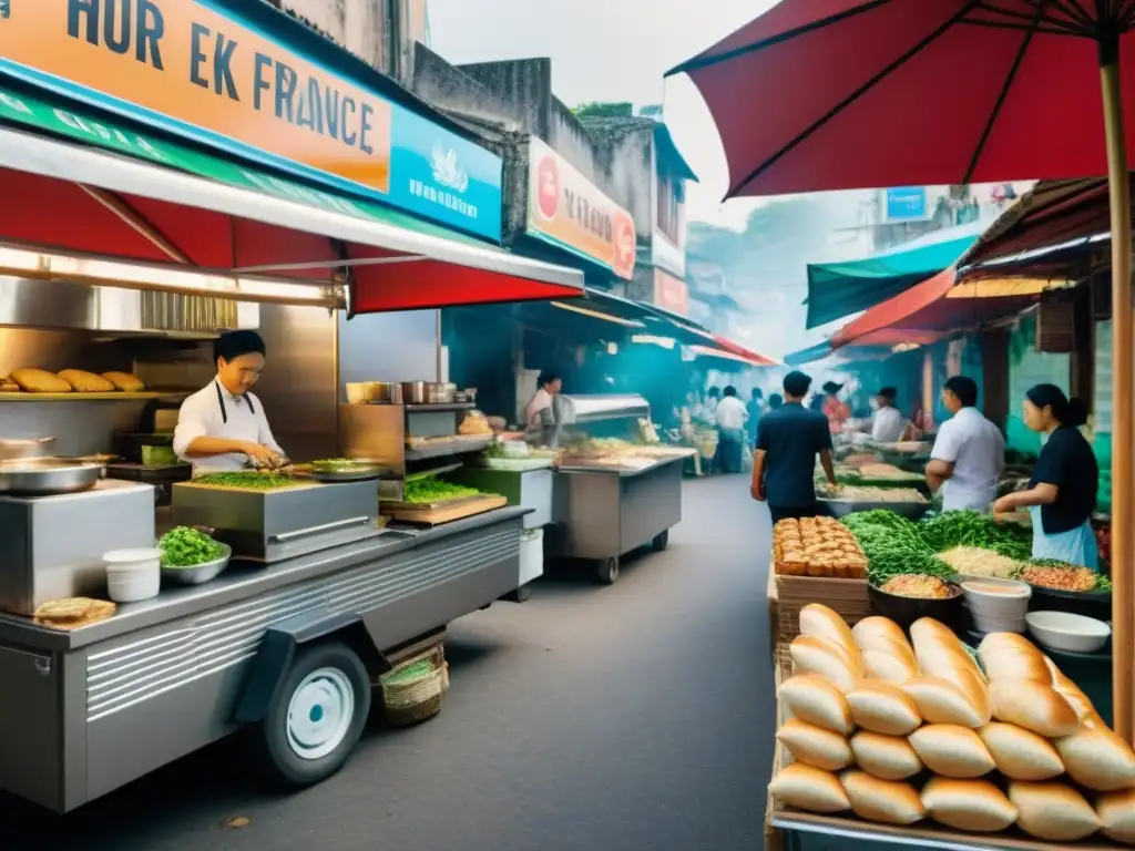 Un mercado callejero vietnamita con influencia de la cocina francesa en Asia, mostrando la fusión culinaria entre ambos países