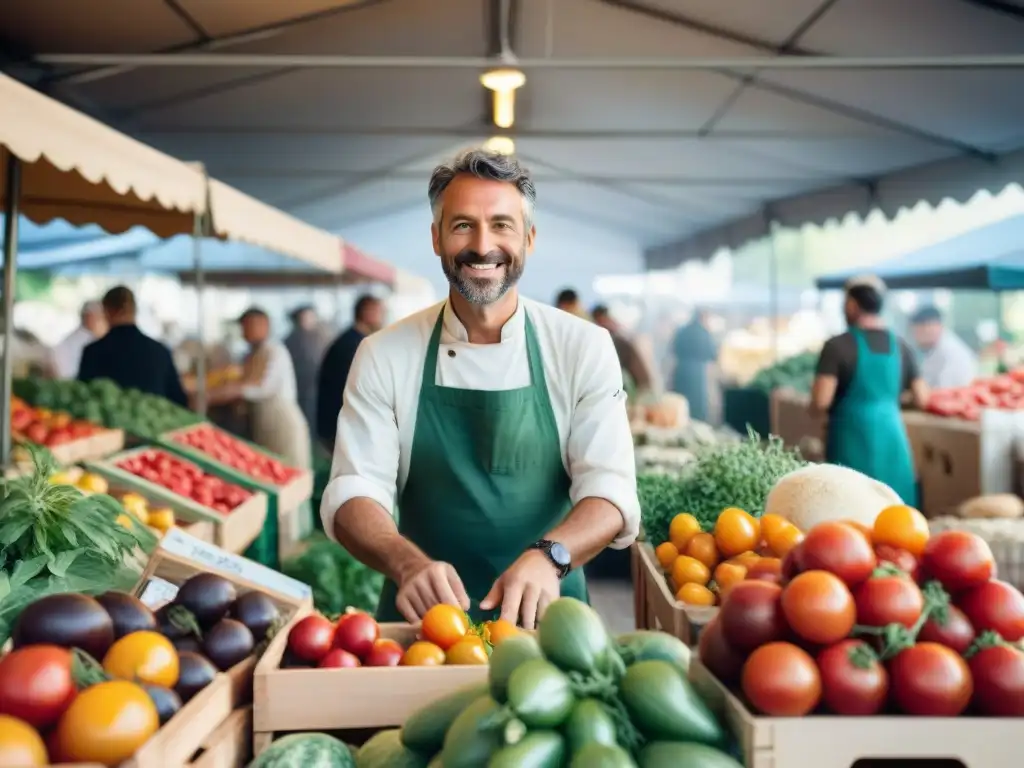 Un mercado campesino bullicioso en la campiña francesa, con productos locales vibrantes y un chef seleccionando ingredientes