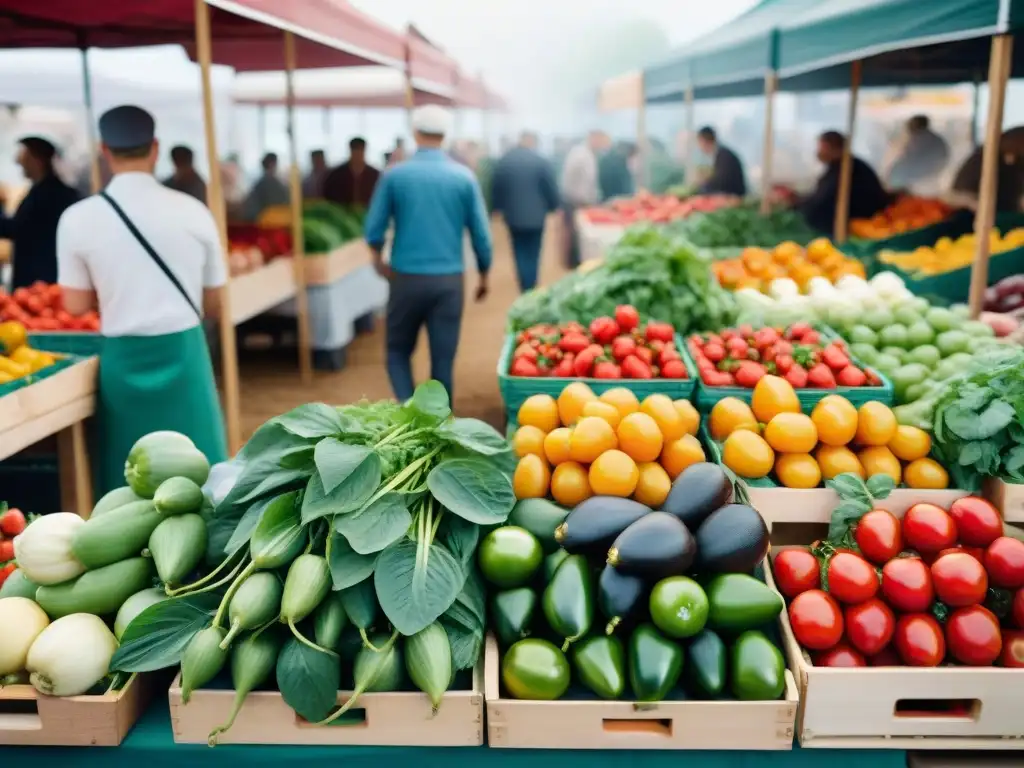 Un mercado campesino francés bullicioso, lleno de frutas y verduras vibrantes y frescas