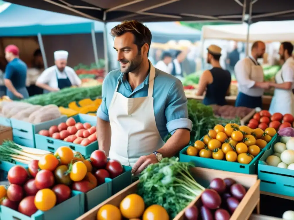 Un mercado campesino francés bullicioso en una mañana soleada, con productos vibrantes y chefs seleccionando ingredientes