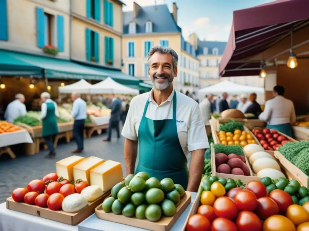 Un mercado campesino francés bullicioso con productos frescos y coloridos, mostrando la historia y evolución de ingredientes en la cocina francesa