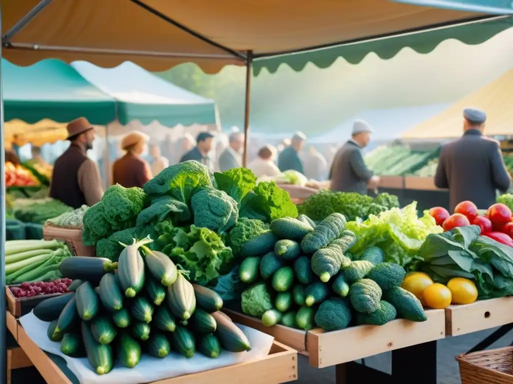 Mercado agrícola en el sur de Francia: frescura y tradición Un mercado campesino bullicioso en el sur de Francia resalta la frescura y color de vegetales vibrantes