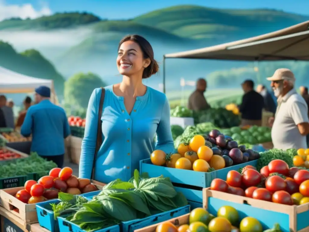 Mercado campesino en Francia: colores y vida en la campiña Mercado campesino en la campiña francesa con productos orgánicos frescos y coloridos