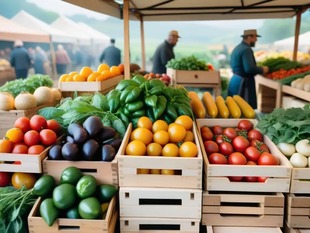 Un mercado campesino en la campiña francesa, lleno de coloridos productos frescos y variedad de alimentos