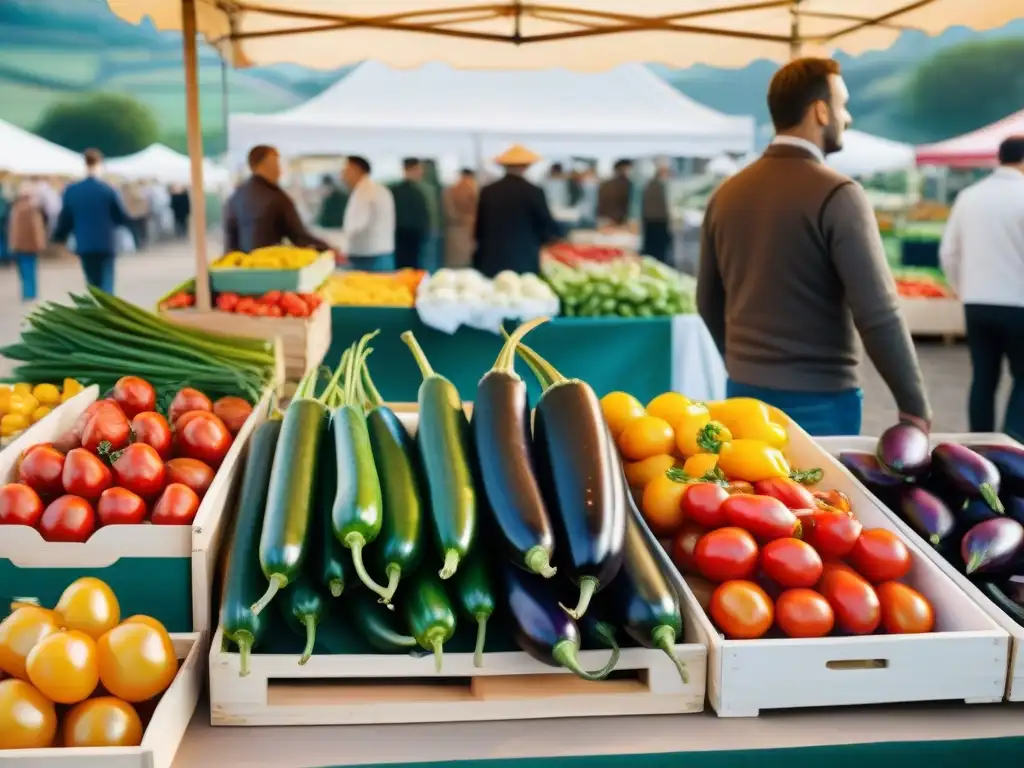 Mercado campesino en Francia con coloridas verduras frescas