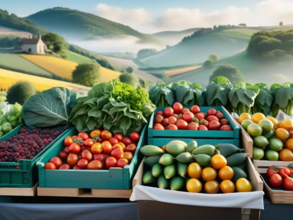 Mercado campesino francés con productos frescos y coloridos, agricultores promoviendo técnicas para aprovechar ingredientes franceses