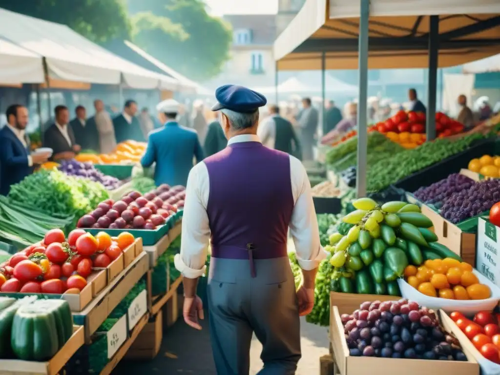 Un mercado campesino francés rebosante de ingredientes frescos cocina francesa en una luminosa mañana