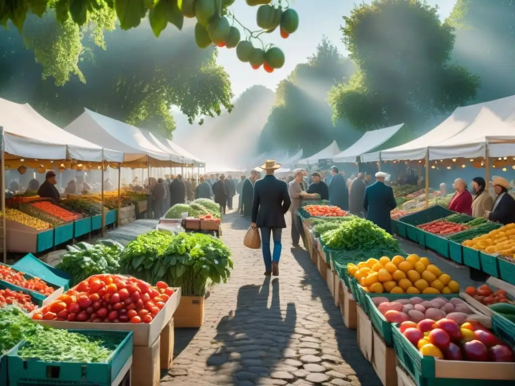 Un mercado campesino francés rebosante de vida, evocando la evolución de las verduras en la cocina francesa