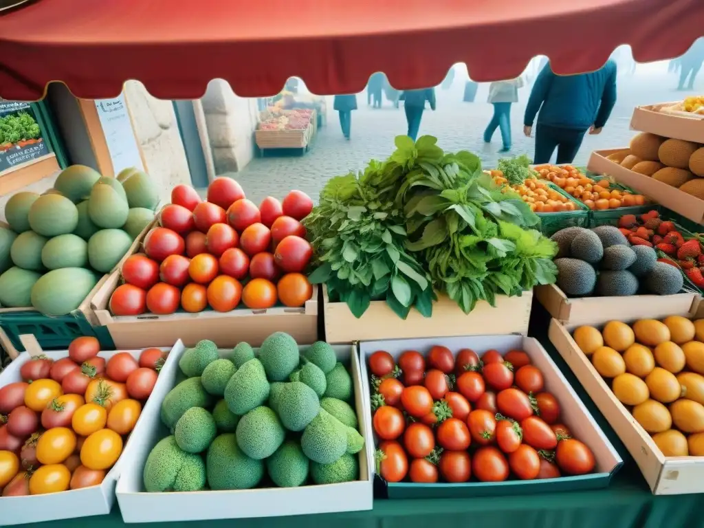 Un mercado campesino francés rebosante de vida, con frutas y verduras de temporada