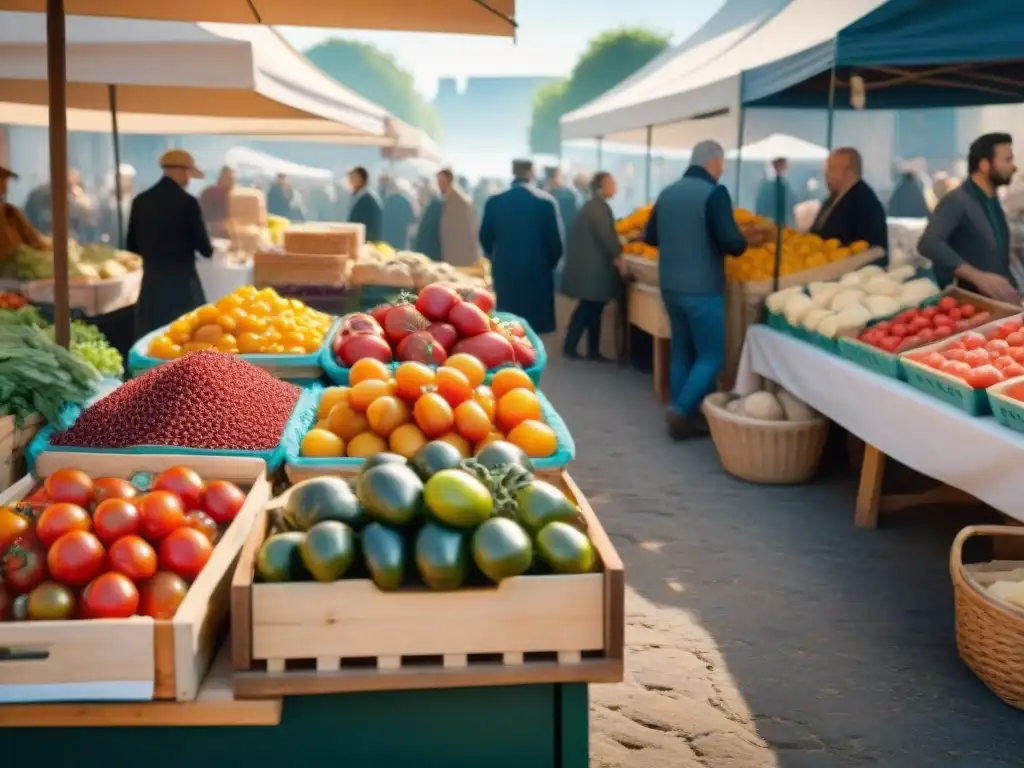 Un mercado campesino francés rebosante de vida y color, con productos frescos y locales