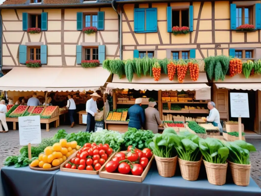 Mercado campesino en Alsacia, Francia, con productos frescos y coloridos