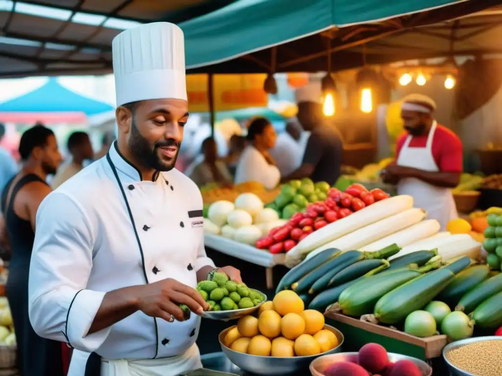 Un mercado caribeño bullicioso con influencia de las colonias francesas: puestos vibrantes, frutas exóticas y un chef experto fusionando sabores