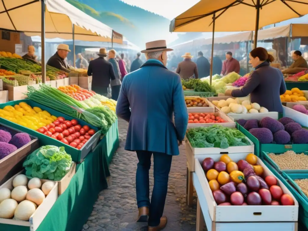 Un mercado colorido en Borgoña, Francia, con productos frescos y vibrantes