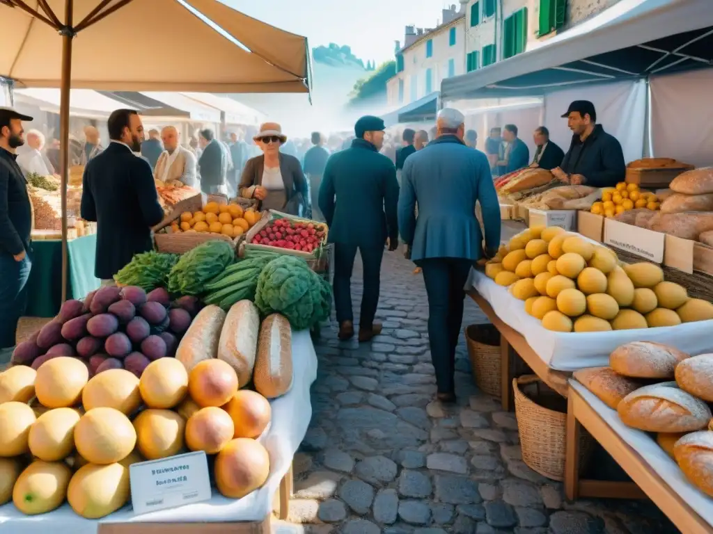 Un mercado en el corazón de Provence con puestos de frutas y verduras orgánicas, panadería francesa y productos locales