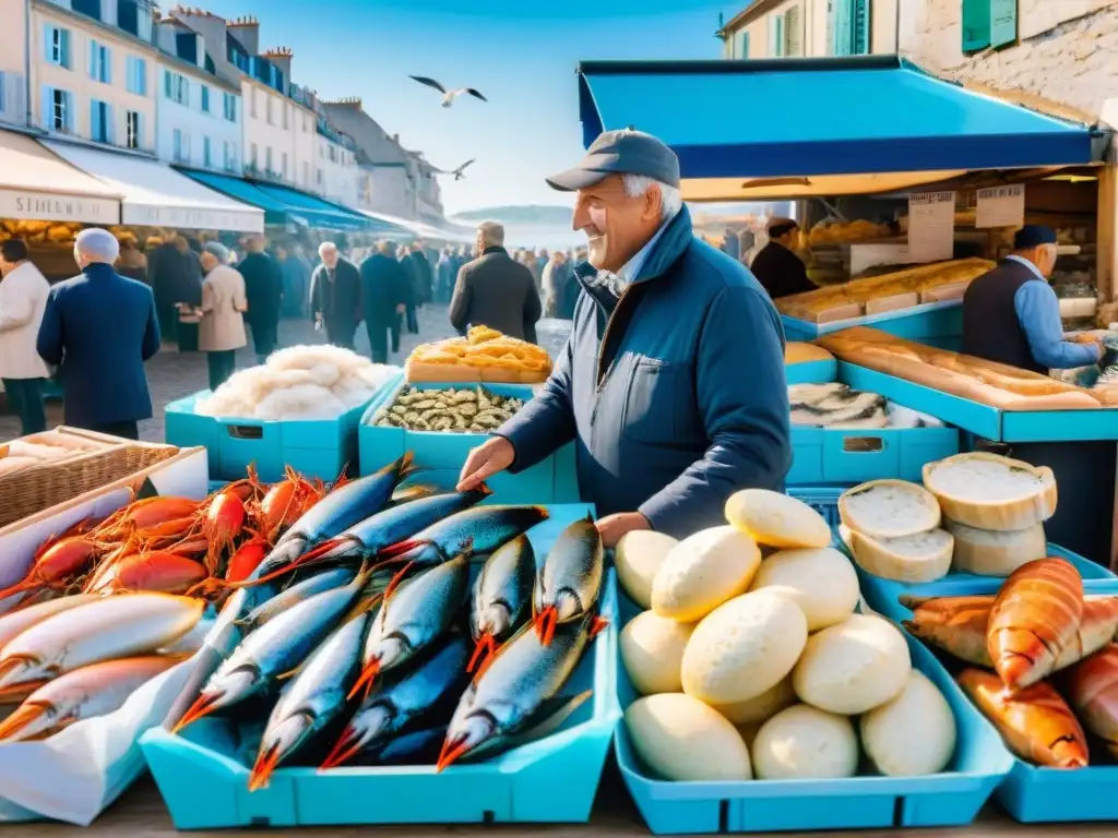 Mercado costero francés con pescados frescos en ice beds, pescadores y productos locales