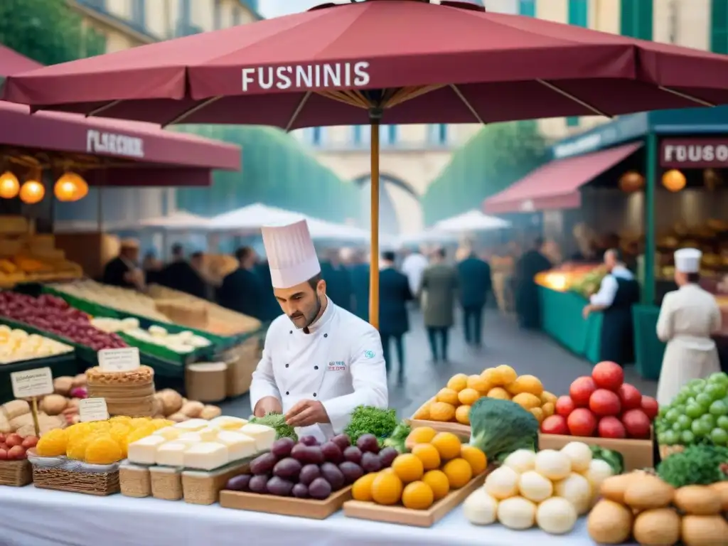 Un mercado culinario francés bullicioso en París con productos frescos, quesos y pan bajo sombrillas coloridas