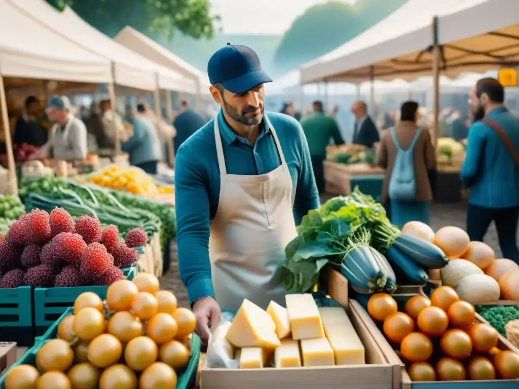 Mercado agrícola francés ecofriendly: productos orgánicos, quesos y vinos locales, chefs y granjeros en comunidad