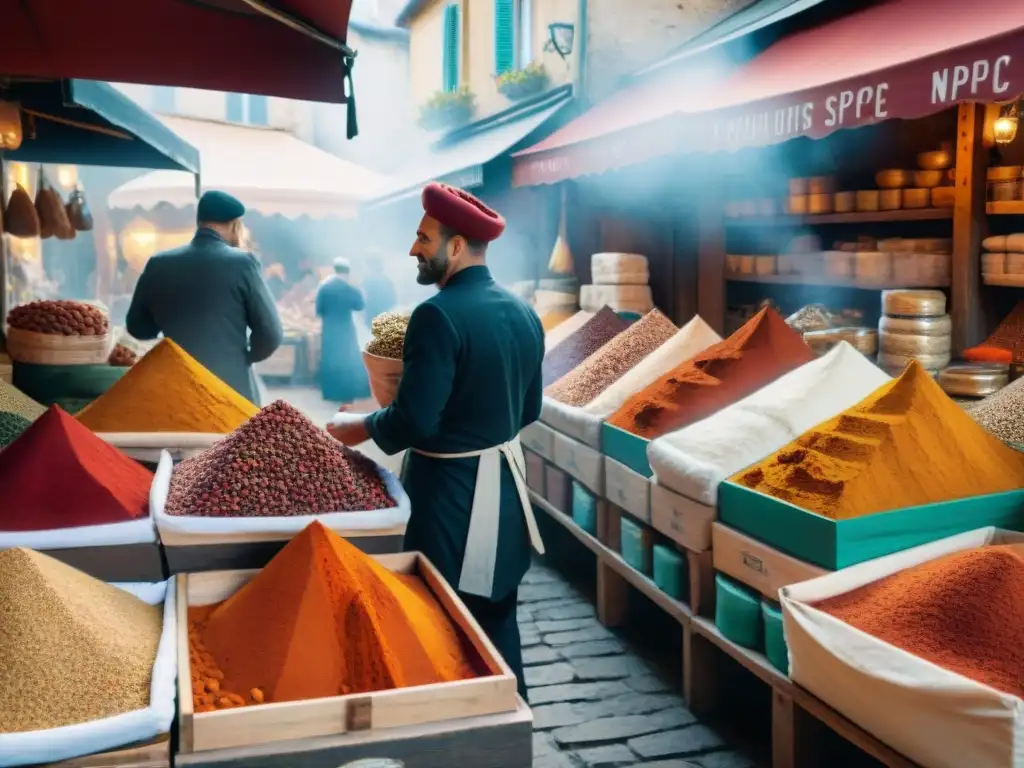 Un mercado de especias en Francia rebosante de vida y colorido, con vendedores locales y productos vibrantes