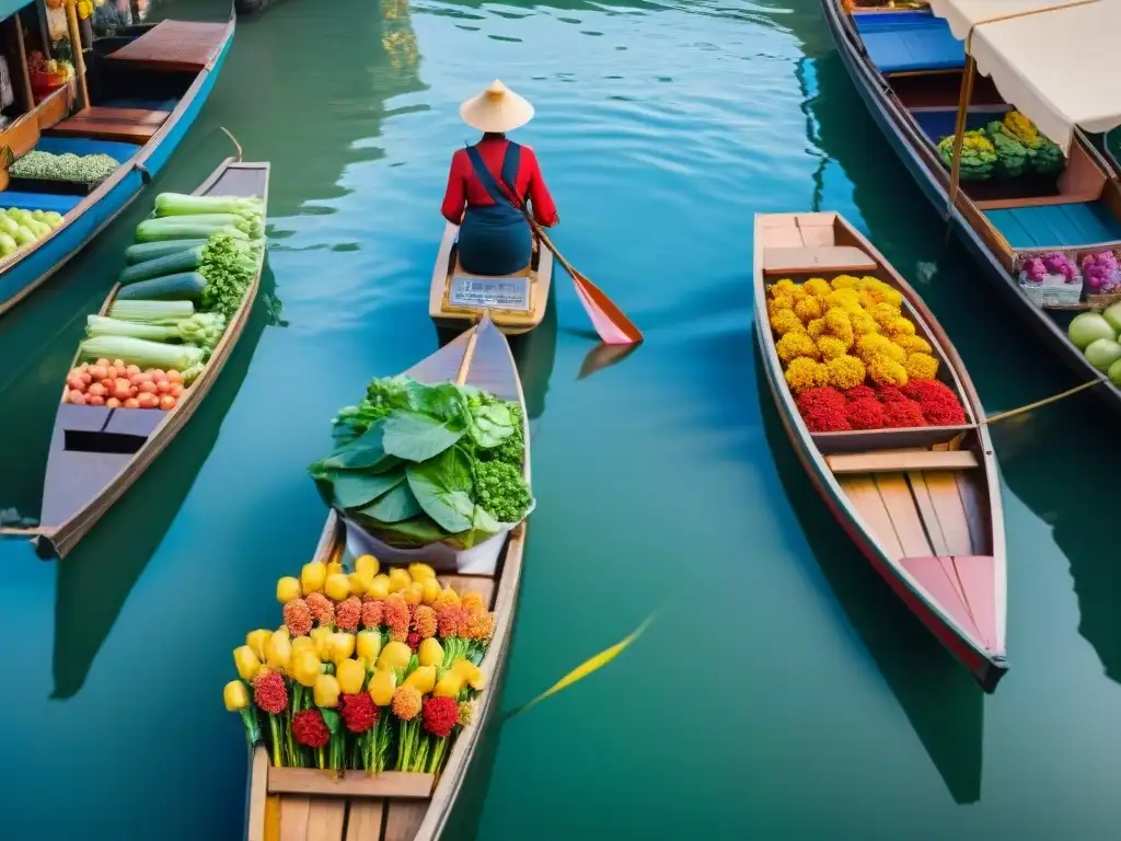 Un mercado flotante vibrante en Francia, lleno de productos frescos y coloridas flores, con vendedores entusiastas