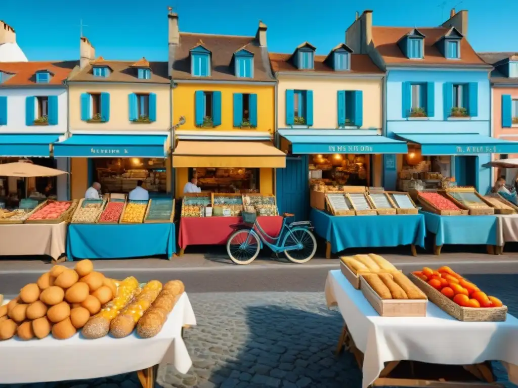 Un mercado francés al aire libre con productos frescos y coloridos, turistas, casas junto al mar y cielo azul