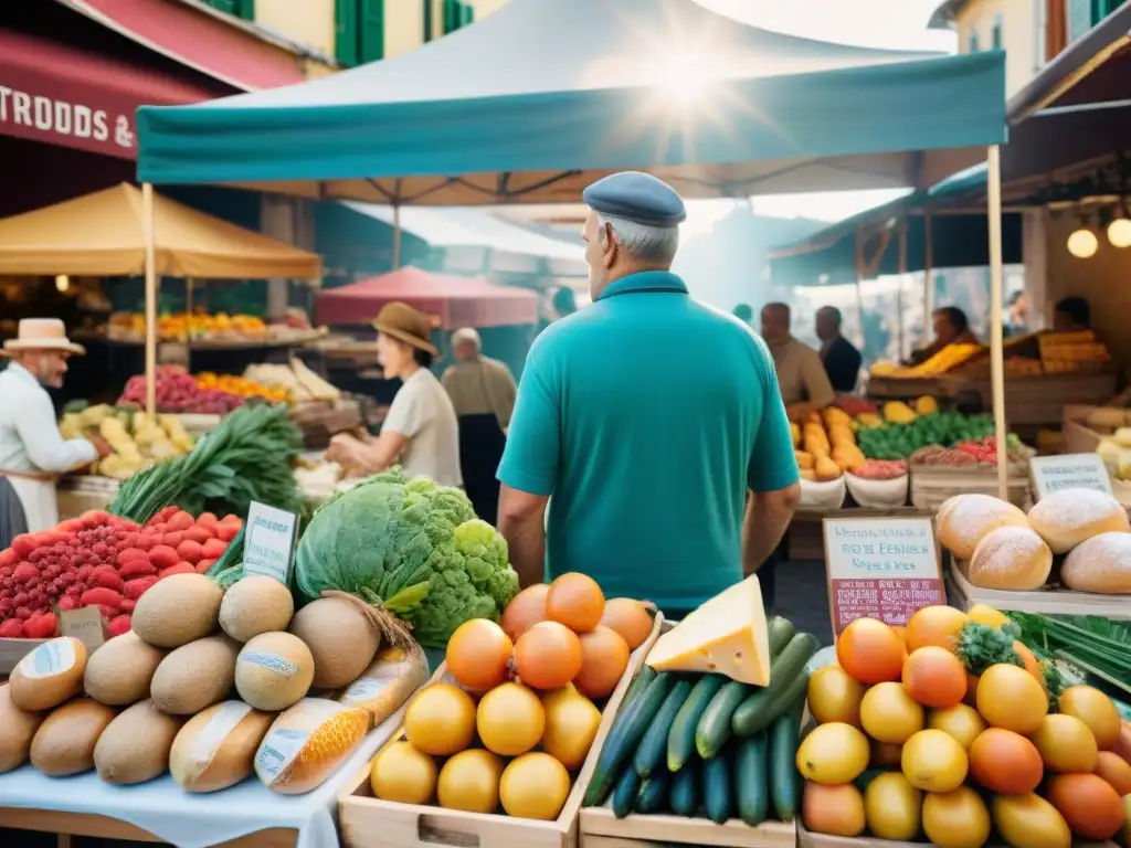 Un mercado francés al aire libre lleno de colores y vida que refleja la esencia de la Dieta Mediterránea Francesa para salud